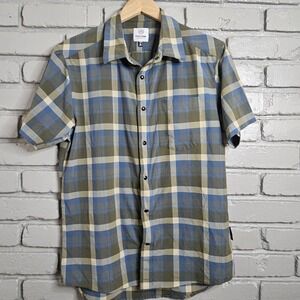 Flylow Mens Shirt Medium Snap Plaid Short Sleeve Blue Green